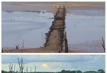 Ponte revelada pela seca volta a ficar submersa no Rio Grande