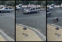 Suspeitos em moto tentam fugir da Polícia Militar e avançam PARE, atingem carro e “voam”