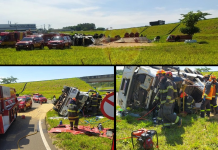 Motorista fica preso às ferragens após caminhão carregado com soja tombar em Mirassol