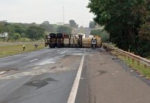 Caminhão tomba e interdita Rodovia Washington Luis em Santa Adélia