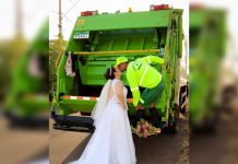 Casal faz ensaio de casamento em caminhão de coleta de lixo em homenagem ao noivo: ‘Profissão linda’, diz mulher