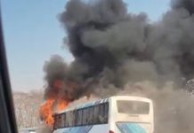 Ônibus pega fogo e mobiliza bombeiros às margens de estrada vicinal