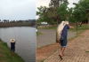 Homem pesca pirarucu no Parque da Cultura de Votuporanga