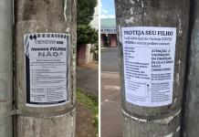 Cartazes espalham desinformação sobre vacina infantil em postes de Araçatuba; imunizante é único meio eficaz contra Covid, diz prefeitura