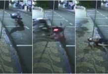 Motociclista rodopia em poste de placa de trânsito após empinar e cair com moto em Jales