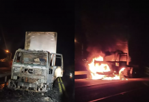 Caminhão com produtos de fabricação de sapatos pega fogo na BR-153 em Bady Bassitt