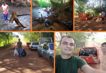 Pai e filho: voluntários se mobilizam para retirar lixo de córrego em Américo de Campos