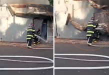 Parte de depósito desaba e quase atinge bombeiro que combatia incêndio em Birigui
