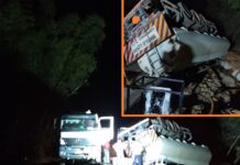 Tanque de bitrem tomba em vicinal e mobiliza bombeiros em Magda