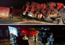 Carreta tomba em alça de acesso da Rodovia Euclides da Cunha em Fernandópolis