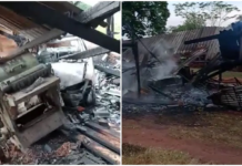 Carro pega fogo após motorista perder o controle e bater em galpão de madeireira de Guararapes