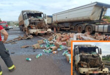 Passageiro fica ferido após caminhão e carreta se chocarem na Rodovia Euclides da Cunha