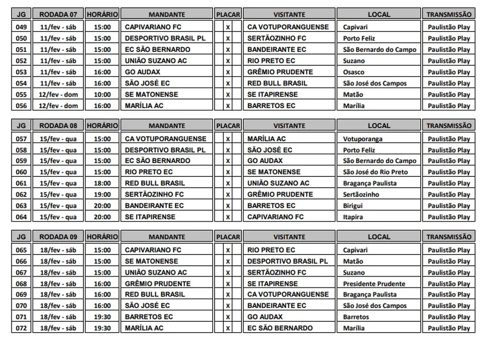 Tabela base da A3 do Campeonato Paulista é divulgada; veja