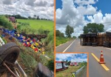 Batida entre caminhão e carreta deixa três feridos na Rodovia Péricles Bellini