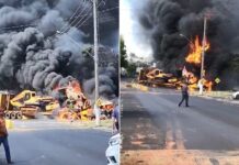 Caminhão pega fogo após bater em composição carregada com combustível em Cedral