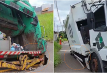 Caminhão de coleta de lixo fica preso em buraco após asfalto ceder em bairro de Bady Bassitt