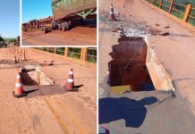 Caminhão tomba após parte de ponte ceder em rodovia de Orindiúva