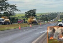 Caminhão carregado com combustível pega fogo e interdita rodovia na região