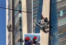 Pintores de prédio ficam pendurados após cabo de aço em andaime se romper em Fernandópolis