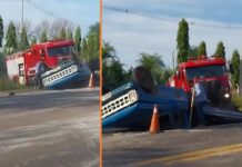 Caminhão capota na Péricles Bellini e ocupantes saem ilesos