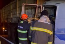 Colisão entre caminhões deixa vítima presa nas ferragens