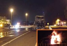 Ônibus fica destruído após pegar fogo em rodovia de Catiguá