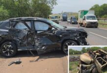 Mulher alcoolizada bate carro em proteção metálica e caminhão; bebê e criança ficaram feridos