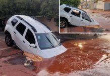 Carro é ‘engolido’ por cratera ao passar por avenida de Fernandópolis