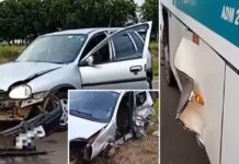 Carro bate em ônibus, roda na pista e atinge outro veículo em rodovia de Birigui