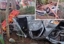 Mulher, marido e pai morrem após carro bater em placa de sinalização, capotar e atingir árvore