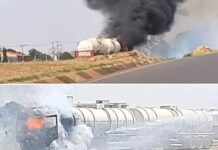 Caminhão-tanque pega fogo na Rodovia Euclides da Cunha