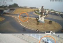 Veículo desgovernado ultrapassa rotatória, destrói bicicleta e quase atropela casal