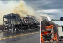 Carreta carregada com carne avaliada em R$ 1 milhão é destruída por incêndio