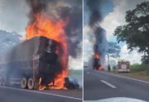 Carreta pega fogo na Rodovia Euclides da Cunha