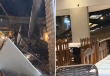 Parte do teto de pizzaria desaba em Fernandópolis após chuva