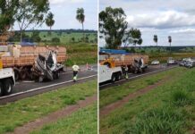 Colisão com carreta deixa caminhão guincho destruído em Votuporanga