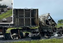Caminhão pega fogo após batida e deixa motorista ferido em Jales