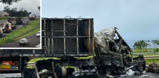 Caminhão pega fogo após batida e deixa motorista ferido em Jales