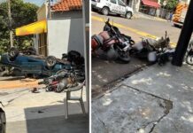 Motorista perde controle de picape e faz ‘strike’ em motos estacionadas em frente a oficina mecânica