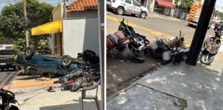 Motorista perde controle de picape e faz ‘strike’ em motos estacionadas em frente a oficina mecânica
