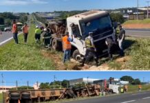 Caminhão com 60 mil litros de vinhaça tomba e carga atinge córrego de rodovia em Rio Preto