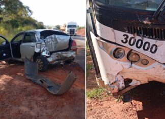 Ônibus atinge traseira de carro na Rodovia Péricles Bellini