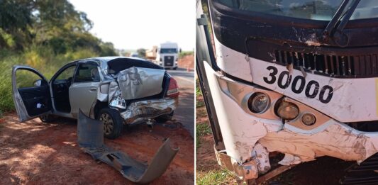 Ônibus atinge traseira de carro na Rodovia Péricles Bellini