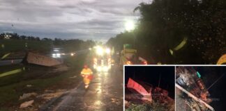 Batida entre carreta e caminhão espalha carga e interdita totalmente a Washington Luís em Catiguá