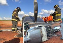 Avião de pequeno porte pega fogo após pouso forçado em Guapiaçu