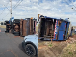 Caminhão da coleta de lixo tomba na marginal da SP-320 em Votuporanga