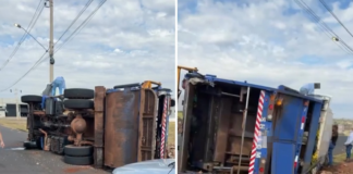 Caminhão da coleta de lixo tomba na marginal da SP-320 em Votuporanga
