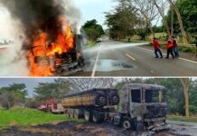 Carreta carregada com massa asfáltica pega fogo na Rodovia Péricles Bellini