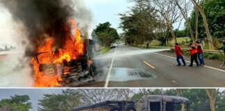 Carreta carregada com massa asfáltica pega fogo na Rodovia Péricles Bellini