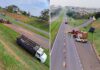 Caminhão carregado com laranjas tomba após colisão na Rodovia Euclides da Cunha